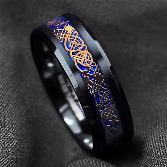 Men's Wedding Band Ring - Rose Gold Celtic Dragon Blue Carbon Fiber Wedding Ring - Picture 5 of 6